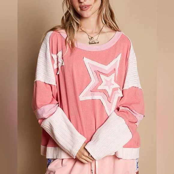 POL star sweater patchwork boho floral patchwork long sleeve pink cream - Picture 2 of 5